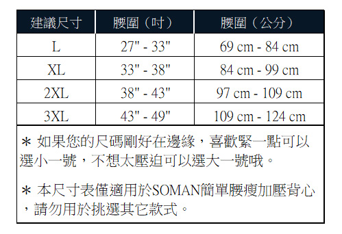 塑身衣尺寸表